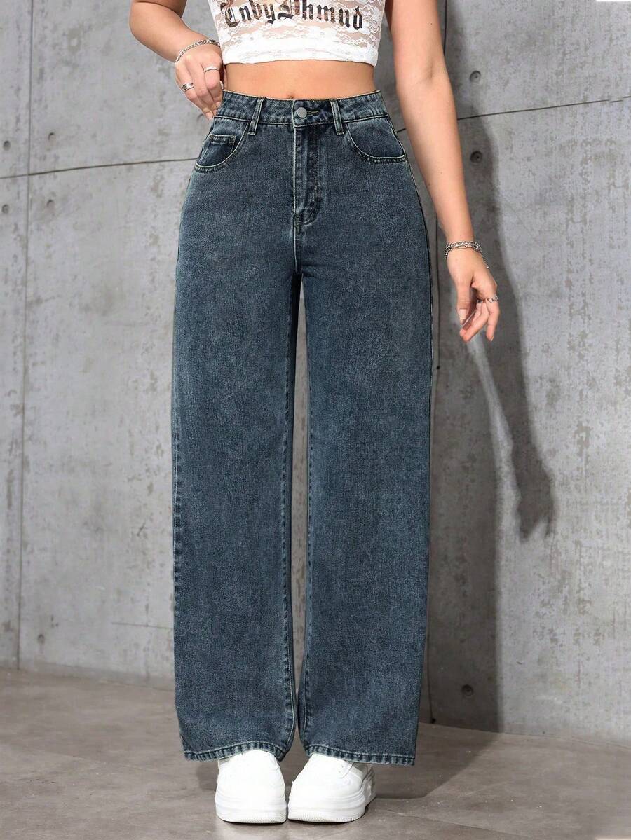 SHEIN ICON Women's Casual Versatile Denim Long Pants With Pockets And Buttons For Daily Wear - Royal Blue - View 1