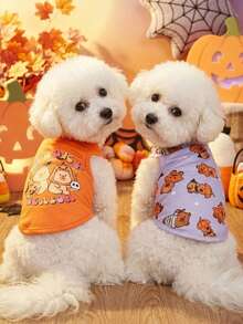 2pcs Pet Cat Dog Universal Halloween Purple Orange Pumpkin Guinea Pig Cartoon Pattern Print Fashionable Breathable Comfortable Dog Vest, PETSIN Original Design - Multicolor - View 3