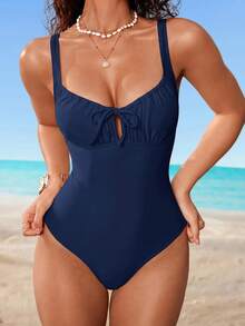 Shapewave Women's Solid Color One-Piece Swimsuit For Beach Vacation - Navy Blue - View 5