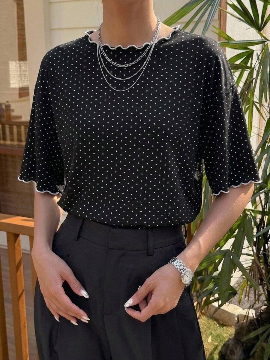 FRIFUL Women's Wavy Striped Loose Contrast Trim Short Sleeve T-Shirt, Summer Casual Wear - Black - View 1
