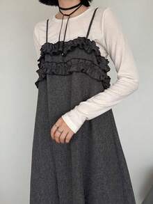 FRIFUL Women's Ruffle Strap Long Dress Vacation Brunch Dark Grey Summer French Elegant French - Grey - View 7