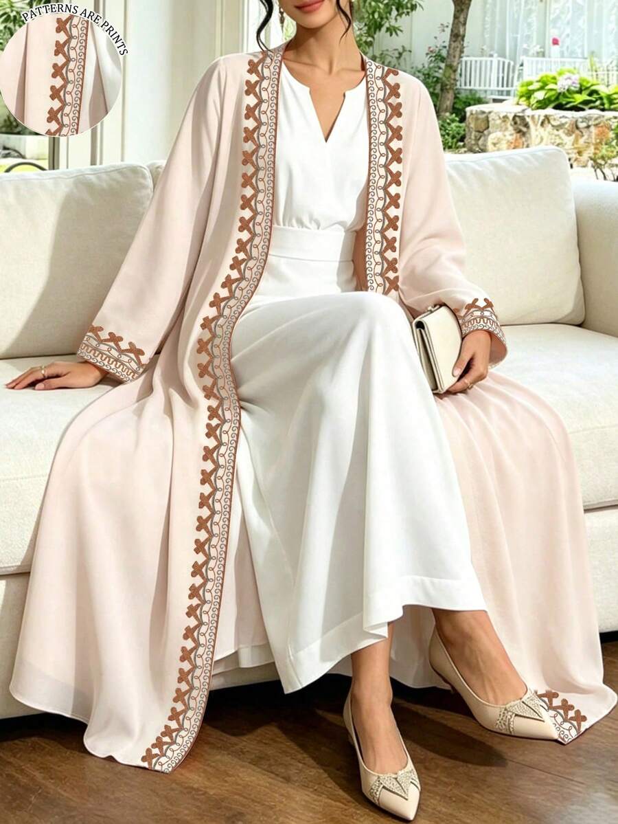 SHEIN Najma 幾何圖案蕾絲飾邊女款優雅輕盈杏色阿拉伯長袍,春秋時尚長袖開襟長外套,阿拉伯風情服飾 - 彩色 - 查看 1