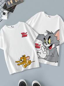 TOM & JERRY X SHEIN 男士休闲卡通猫咪印花圆领短袖T恤，夏季 - 白色 - 查看 4
