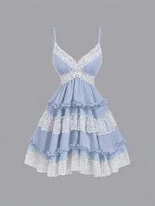 Sunnyshic Women's Fashion Lace Patchwork V-Neck Spaghetti Strap Mini Dress - Blue - View 3