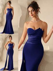 Coutiva Gaun Bridesmaid Model Duyung Tanpa Tali yang Elegan untuk Pesta - Navy Blue - View 8