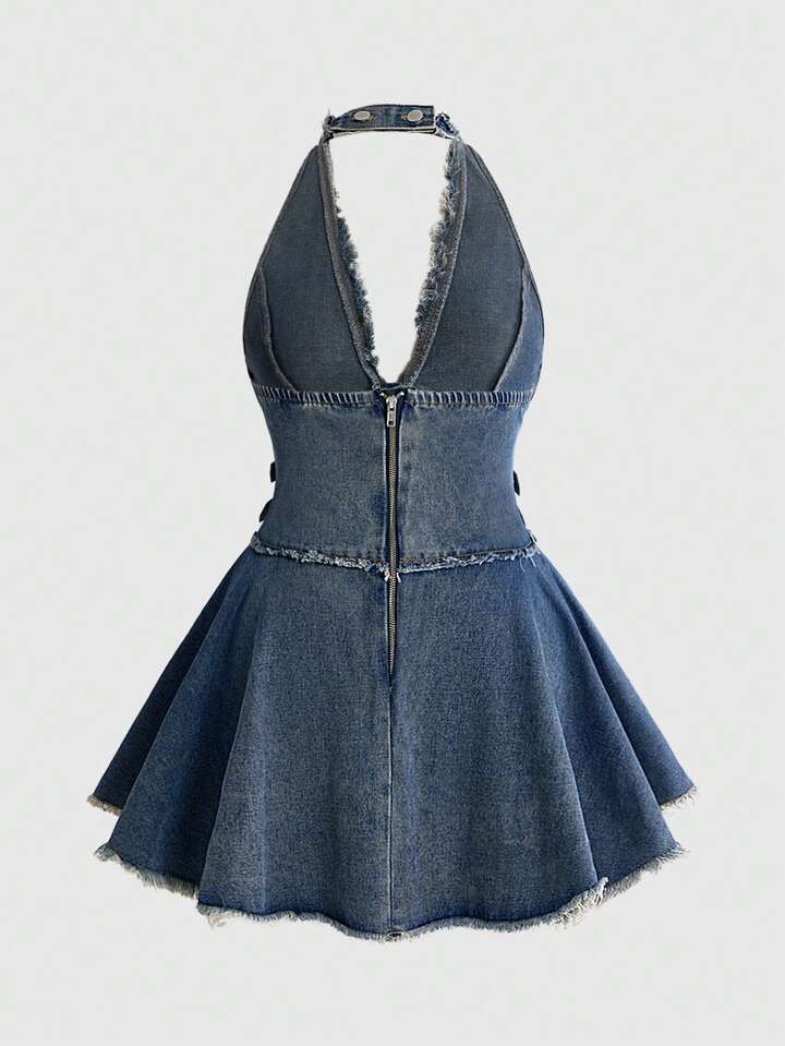 Is That The New Grunge Punk Y2K Distressed Washed Color Cold Shoulder Halter Neck Ruffle Hem Plus Size Women's Super Mini Denim Dress ??| ROMWE CANADA