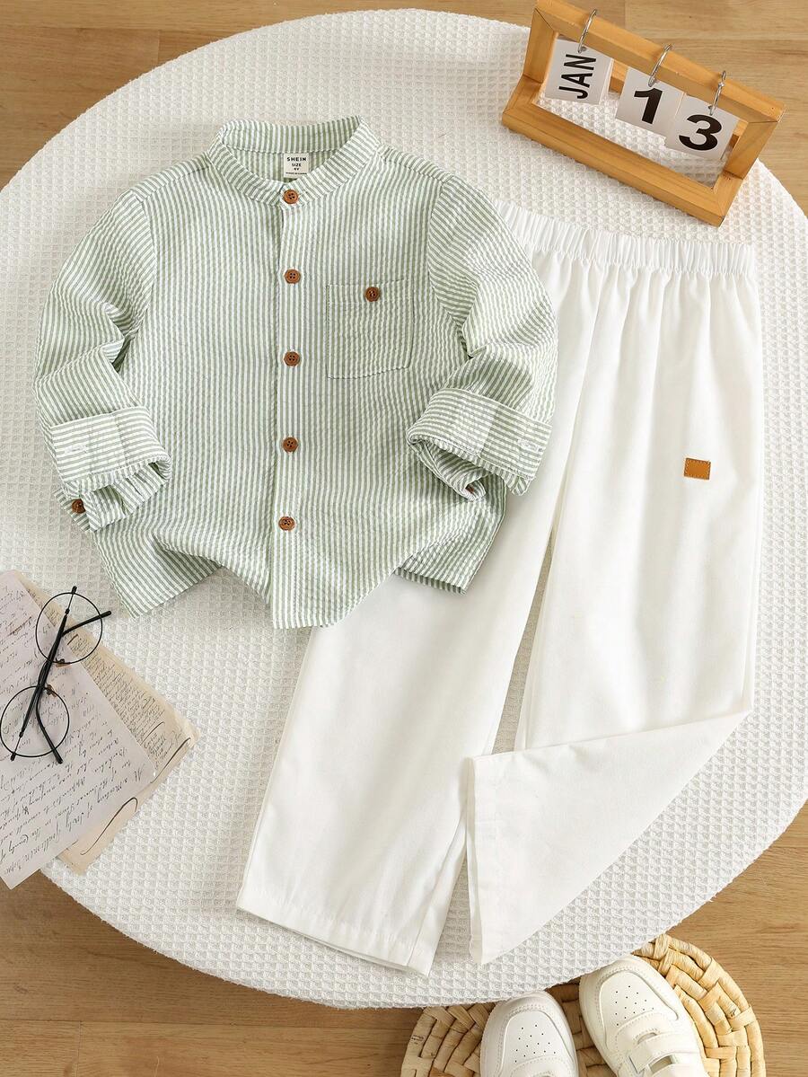 2pcs/Set Kids Young Boy Casual Cute Striped Shirt & Pants Outfit, Boys Shirt Set - Multicolor - View 1