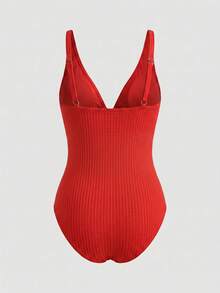 Swim SXY Plus Size Women Solid Color Ruched One-Piece Swimsuit, Suitable For Beach Vacation, Pool Party, Beach Party - Red - View 5