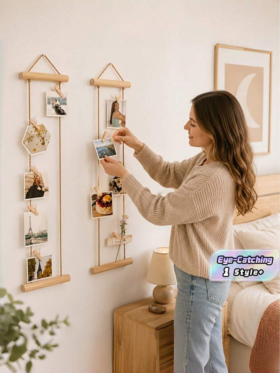18Pcs Wall Mounted Photo Display Hanging Set Including 1 Rack 15 Clips 1 Self Adhesive Hook 1 Metal Hook Natural Wood Clips Jute Rope Minimalist Scandinavian Style No Drill Space Saving For Bedroom Dorm Studio Entryway Desk Party Decor - multicolor - View 1