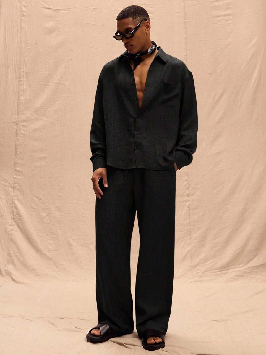 Musero Pantalones de lino oversize para hombre, solo para primavera, verano, vacaciones y Pascua - Negro - Ver 1