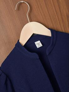 SHEIN Tween Girl Open Front Elegant Bishop Sleeve Jacket,In Fall/Winter - Navy Blue - View 7