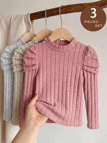 SHEIN 3pcs/Set Young Girl Fitted Vintage Gigot Sleeve Mock Neck T-Shirt - Pink - View 1