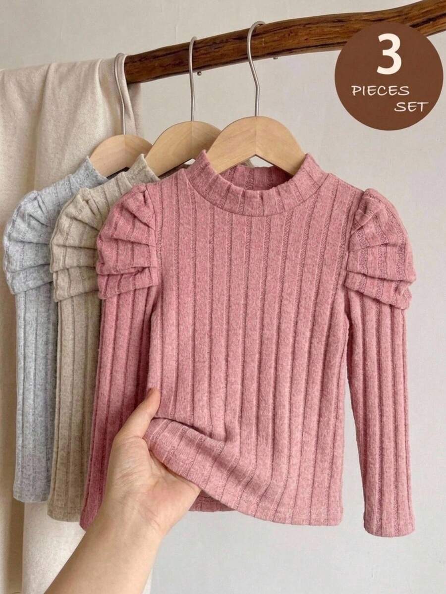 SHEIN 3pcs/Set Young Girl Fitted Vintage Gigot Sleeve Mock Neck T-Shirt - Pink - View 1