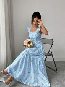 SHEIN Elenzya 女士春夏优雅别致碎花印花荷叶边肩带腰带A字连衣裙，适合通勤、郊游、野餐、情人节约会、温泉度假、海滩聚会、旅游休闲度假等场合。 - 淺藍色 - 查看 6