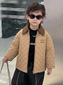 Dazy Kids Young Boy Letter Pattern Colorblock Zip-Up Casual Winter Travel Padded Coat - Khaki - View 2