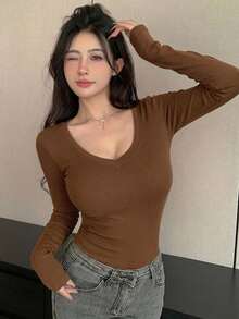 DAZY 女款黑色修身長袖T恤，基礎層上衣，春夏款 - 棕色 - 查看 3