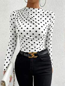 SHEIN PETITE Black Pleated Long Sleeve Women's Top - Black and White - View 4