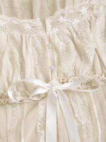 Sweetra Women's Button Lace Trim Bow Top - Apricot - View 5