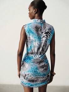 Aveloria Modichic Summer All White Colorblock Animal Print Zebra Leopard Python Sheer Chiffon Pleated Cowl Neck Bodycon Sleeveless Mini Dress Sexy Night Out Club - Multicolor - View 7