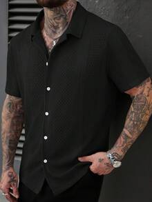 SLATEMANN Camisa de manga corta de punto jacquard de unicolor para hombre - Negro - Ver 1