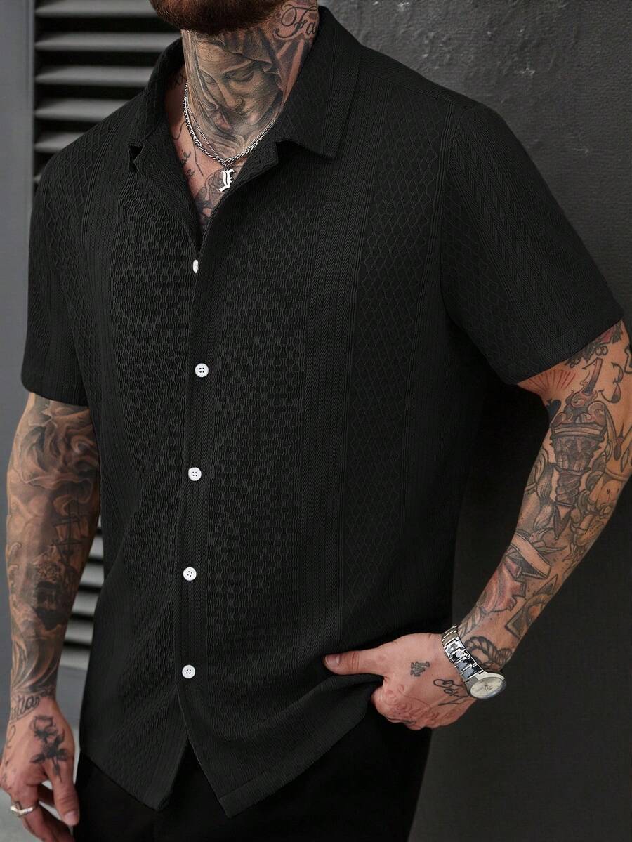 SLATEMANN Camisa de manga corta de punto jacquard de unicolor para hombre - Negro - Ver 1