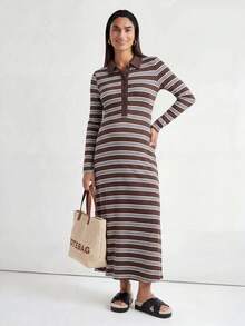 Modmama Maternity Brown Button Half-Placket Long Sleeve Casual Baggy Dress Autumn Photoshoot Formal - Multicolor - View 2