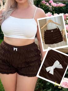 SHEIN MOD Plus Size Tomato Girl Cute Bow Decor Ruffle Trim Mini Shorts - Brown - View 6