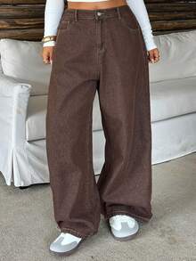 Dazy Plus 女款大尺碼休閒牛仔長褲，常規腰線裝飾鬆身長褲，香蕉褲款，春夏百搭牛仔褲 - 棕色 - 查看 5