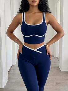 BamGleam Conjunto deportivo sin costuras con bloques de color para mujer - Azul Marino - Ver 4