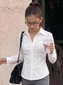 Girlism Tween女孩休閒百搭優雅學院風白色修身抓皺襯衫，返校穿搭白襯衫 - 白色 - 查看 8