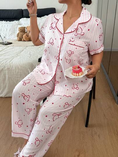 Napfluff CURVE Napfluff CURVE Plus Size Heart & Bow Print Striped Short Sleeve Button-Up Lapel Collar Pajama Set With Long Pants