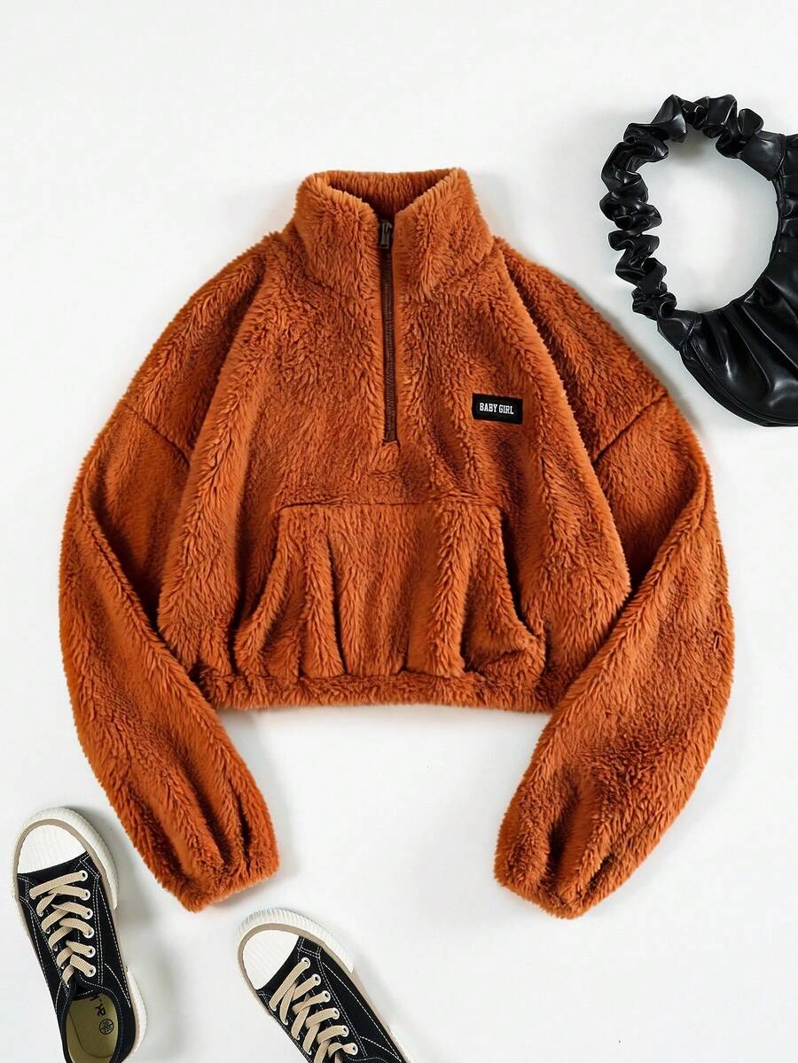 SHEIN EZwear 女款半拉鍊白色刷毛字母貼布設計運動衫,適合夏日穿搭及秋冬穿著 - 鏽棕色 - 查看 1