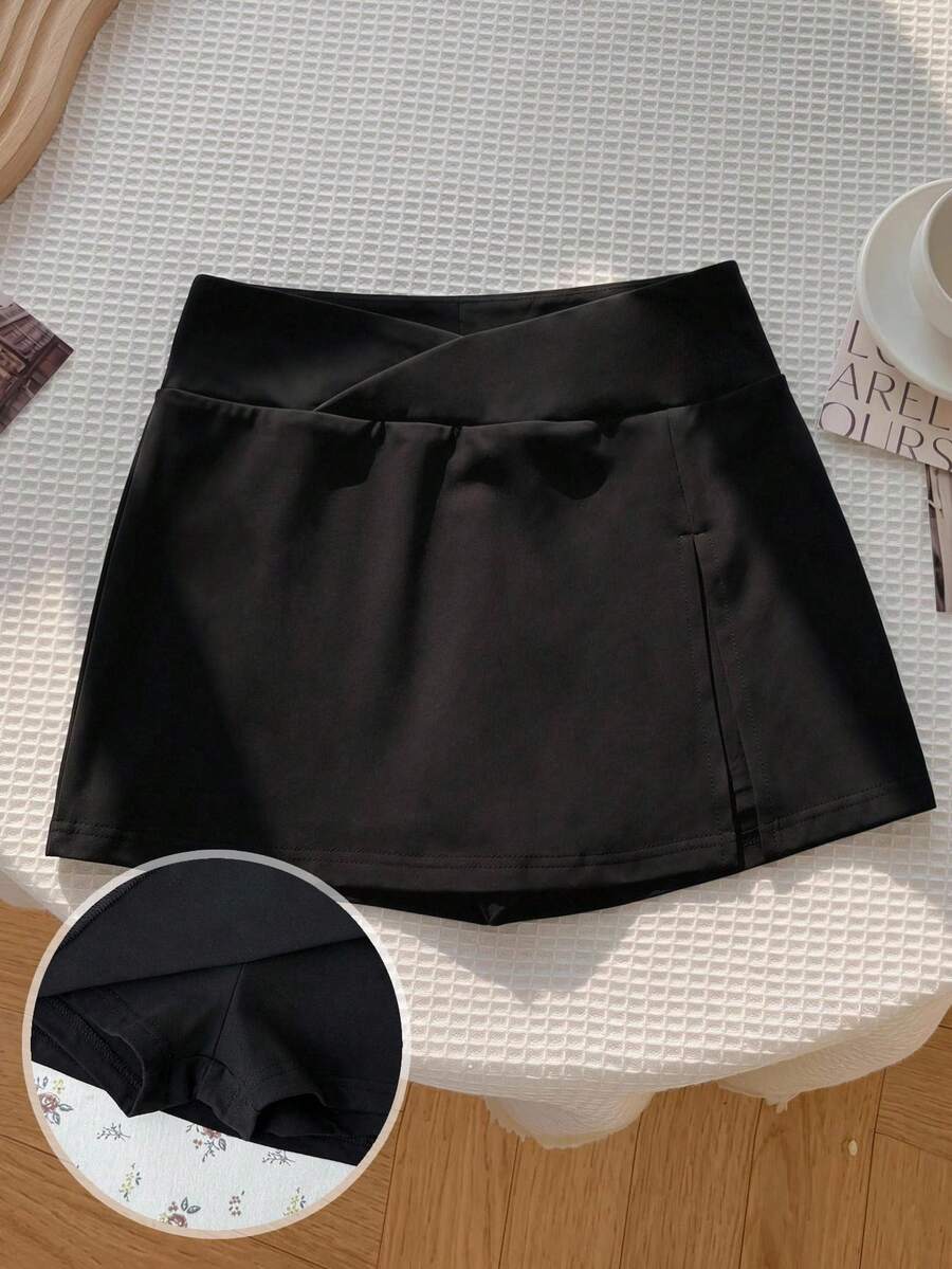 SHEIN 青少年女孩針織黑色貼身連身裙附內建內搭褲休閒裙 - 黑色 - 查看 1