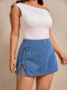 Elaquor Plus Size Women's Side Tie Waist Split Hem Casual Sexy Loose Fit Denim Skirt Date Night Birthday Club Blue Summer - Medium Wash - View 3