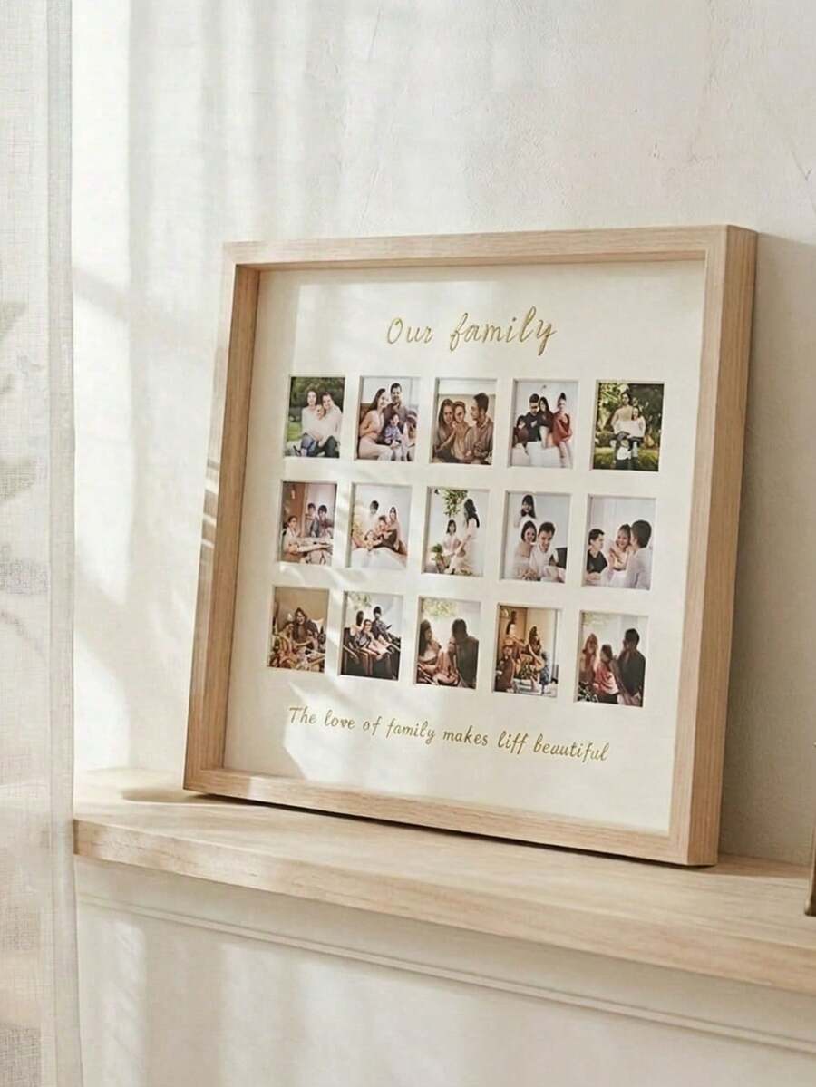 Haus Hana 1Pc Multi-Hole Photo Frame, Natural Wood Material, Long Strip Design With Multiple Slots, Holds 2-Inch ID Photos & Keepsakes, For Family Memory Display, Ideal For Home Wall Decoration And Souvenir Organization - multicolor - View 1