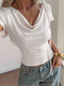 FRIFUL Women's Asymmetrical Shoulder Bowknot Tie White And Black Polka Dot Fabric Sweet French Elegant Short Sleeve T-Shirt Summer Cute Tops Everyday Brunch - White - View 7