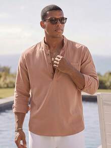 HIMLAND Men's Solid Color Long Sleeve Button Half-Placket Casual Shirt - Apricot - View 6