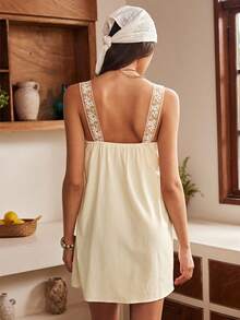 Lullawish Bohemian Vacation Style Lace Patchwork Bow Tie Strap Romantic Wedding Season Mini Home Women's Nightgown - Apricot - View 2