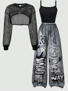 SHEIN 青少年女孩 3件組/套圓領：寬鬆街頭風丹寧效果長褲、短版背心、長袖連帽網紗運動衫 - 時尚款 - 黑色 - 查看 6