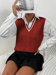 SHEIN Almamuse 女士休闲撞色边饰毛衣背心，秋冬 - 酒紅色 - 查看 4