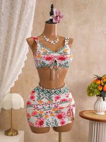 EMERY ROSE Spring/Summer New Floral Bohemian Style Floral Print Two Pieces Bikini Set For Vacation - Multicolor - View 7