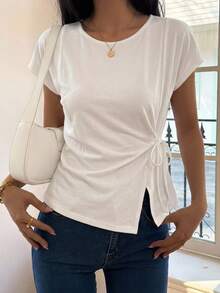 DAZY Women's Crew Neck Fitted Waist Tie White T-Shirt Summer - White - View 9