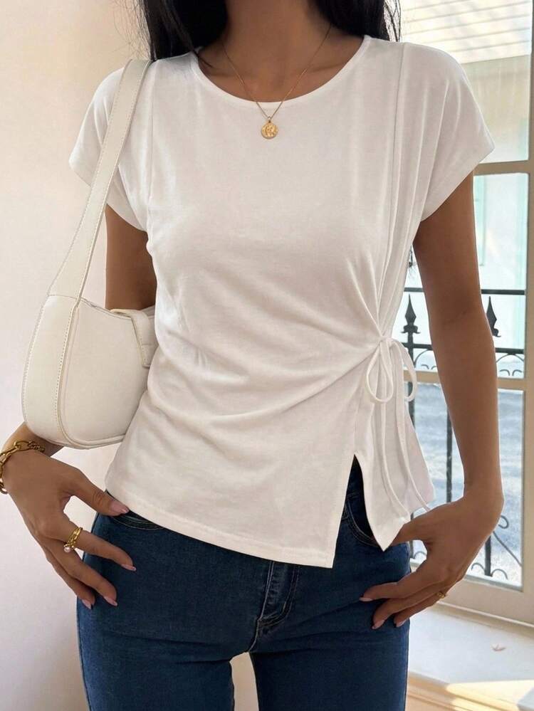DAZY Women's Crew Neck Fitted Waist Tie White T-Shirt Summer - White - View 9