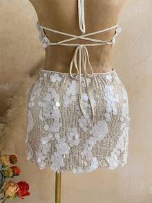 Soleia Plus Size Women's 3D Ring Decor Sequin Halter Tie Dress - Apricot - View 7