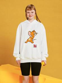 TOM & JERRY X SHEIN هوديي مطبوع بطبعة كرتونية قطعة واحدة، ملابس علوية بأكمام طويلة يناسب الجنسين - أبيض - مشاهدة 7