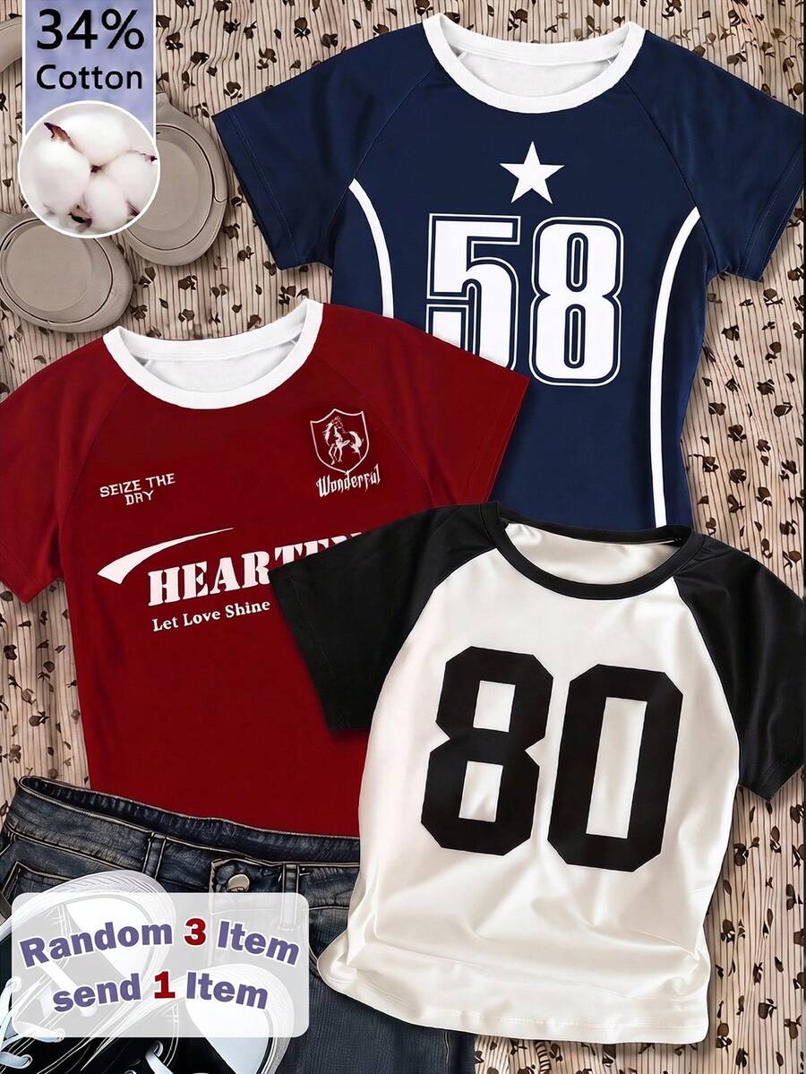 Teen Girls 3pcs Basic Printed T-Shirts For Teen Girls, Fresh Style With Spring, Casual, Outfit, Comfortable, Daily, Minimalist, Vacation - Black - View 1