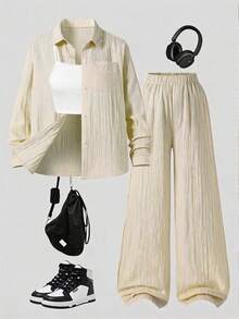 Conjunto de 3 piezas de ropa para adolescente chica: camisa holgada de manga larga color albaricoque + camiseta de tirantes blanca + pantalones de pierna ancha, estilo casual para vacaciones - Albaricoque - Ver 3