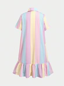SHEIN 少女條紋騎士印花鈕扣半開襟短袖洋裝 - 彩色 - 查看 3