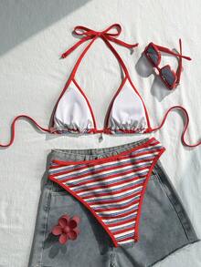 Swim Mod 女款兩件式泳衣套裝，特殊布料拼接純色掛脖綁帶露背貝殼設計，適合夏季度假海灘 - 彩色 - 查看 2