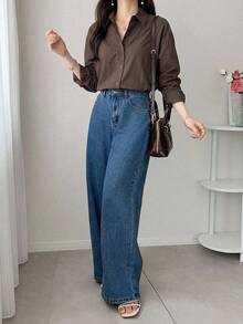 DAZY Camisa oversize con botones y hombros caídos, manga larga, ropa de otoño - Marrón Chocolate - Ver 10